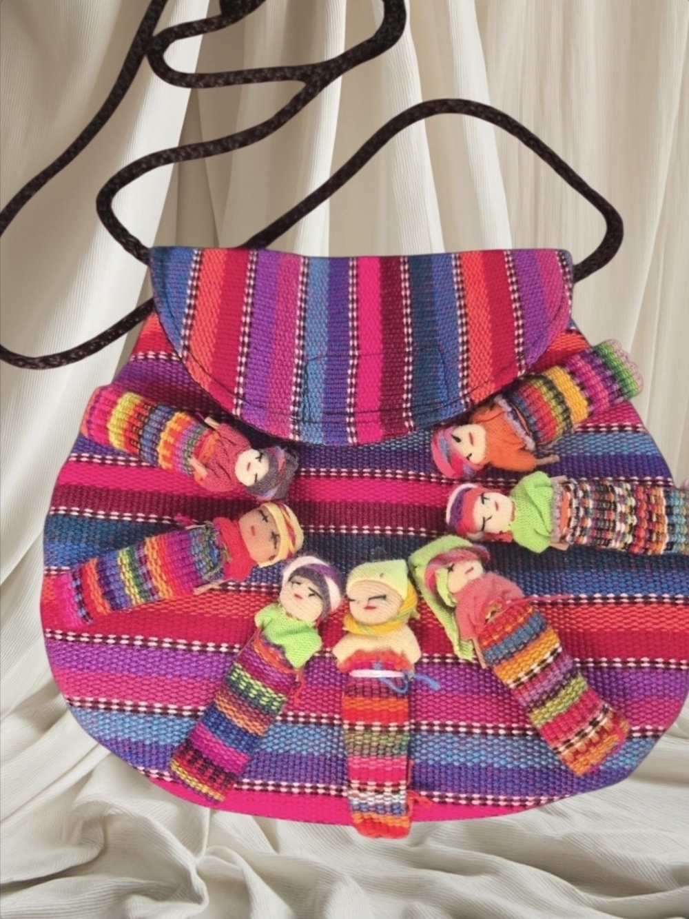 Guatemalan Woven Worry Doll Crossbody Bag Folk Art Boho Purse Multi-Color